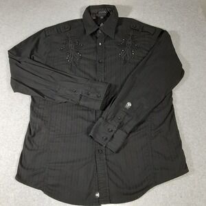 Roar Mens Blessed Black Embroidered Studded Button Down Shirt Large W211821